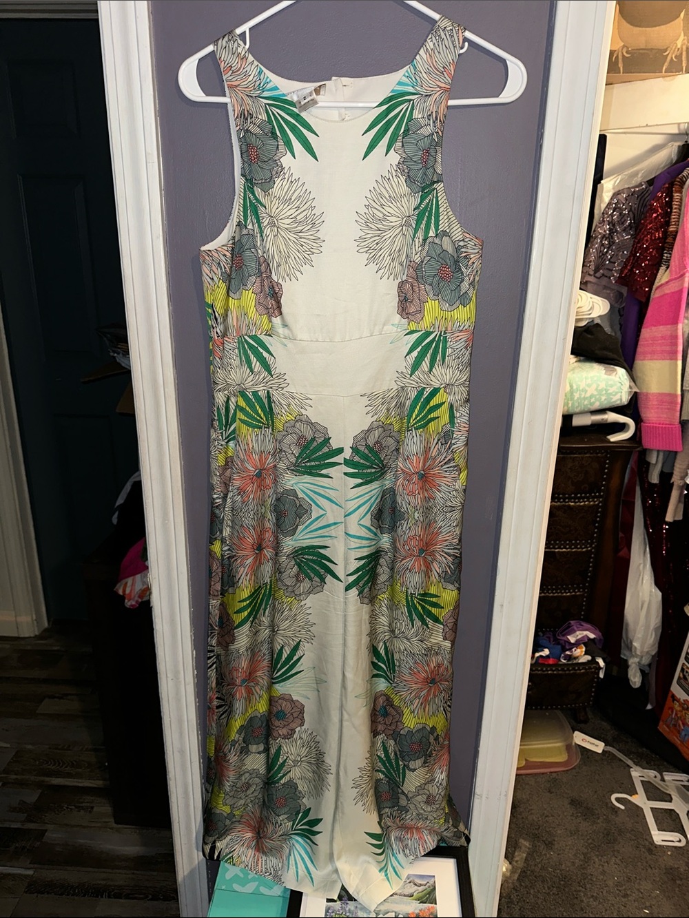Corey Lynn Calter Cream Dress with Green Leaf Motif